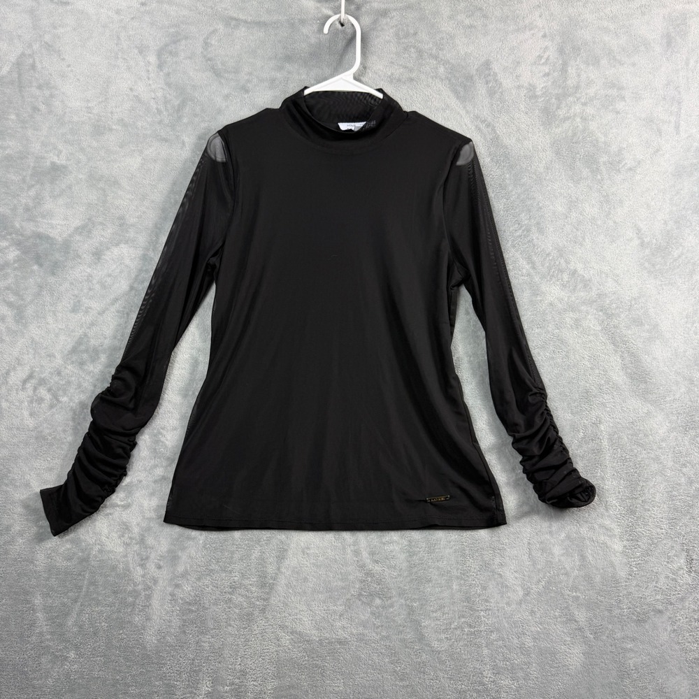 Nine West Womens M Black Mock Neck Top Sheer Ruched Sleeve Office Siren Y2K